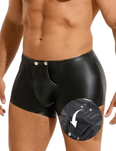 Sexy Boxershorts Herren mit Öffnung PU Leder Unterwäsche Pouch Underwear | Sissy Dessous, Große Größen, Gay Underwear Vorne Offen, Boxer Briefs, Party Clubwear, Stretch Slip, Elastizität, Schwarz
