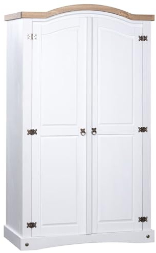Hommdiy Kiefer Kleiderschrank Mexiko-Stil Corona 2 Türen Garderobenschrank Schlafzimmerschrank Dielenschrank Holzschrank Schrank Weiß,101 x 52 x 170 cm