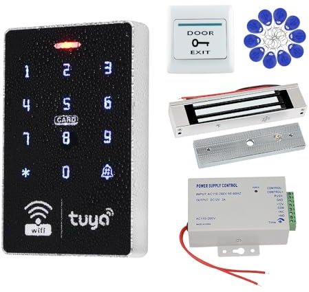 ReaIOKbii Kit de système de contrôle d'accès extérieur étanche Tuya sans fil WiFi RFID mot de passe clavier 15 pièces 125 kHz porte-clés 180 kg/350 lbs alimentation de verrouillage électromagnétique