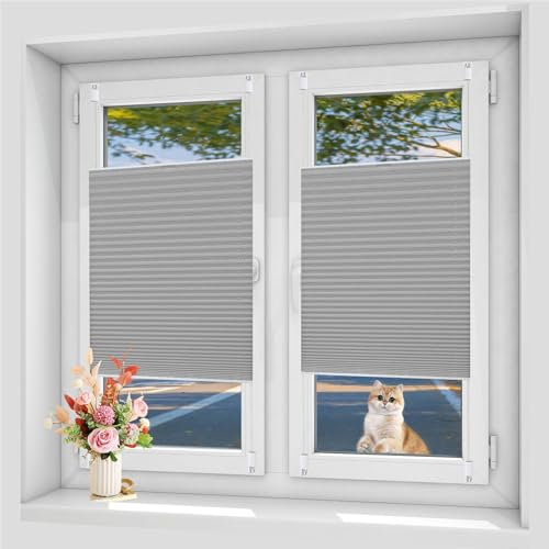 Plissee Ohne Bohren Klemmfix 50 x 180 cm Blickdicht Sichtschutz Sonnenschutz Plise Plisee Plisse Rollo Nach Maß, mit Klemmfix für Fenster Und Tür, Hellgrau