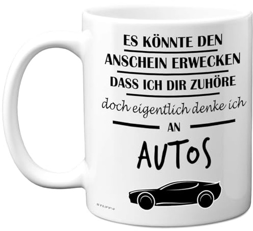 Tasse mit Spruch für Auto-Enthusiasten, Eigentlich Denke Ich an Autos | Lustige Tassen Kaffeetasse Lustig für Männer und Frauen, 325 ml Keramiktasse