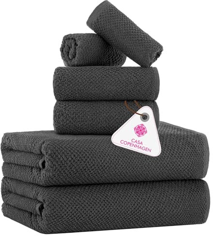 CASA COPENHAGEN Popcorn Textured 6 Piece Towel Set - Pine Grey, 550 g/m², 2 Bath Towel, 2 Hand Towel, 2 Washcloth Towels Cotton Rough and Tough Use Gift Set for Bathroom