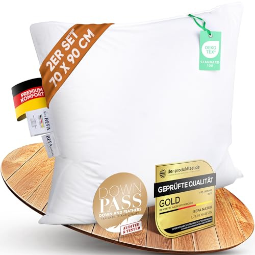 BEFA NATUR Cuscino in piuma, 70 x 90 cm (2 pezzi), cuscino a 3 camere, 90% piumino e 10% cuscini in piuma, peso di riempimento 1380 g, anallergico, benessere degli animali (DOWNPASS), classe Oeko-Tex