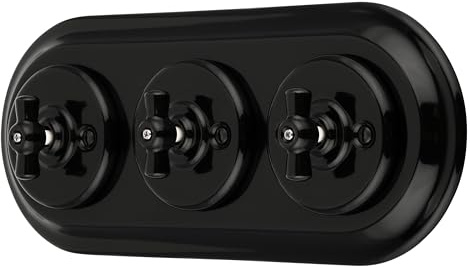 Unterputz Porzellan Retro Rotary Schalter 3-fach, All-in-One, SET Serie PR1 schwarz