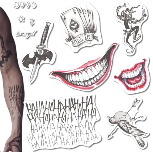 Yatatu – Joker Suicide Squad Temporäre Tattoos – Für Kostüme – Cosplay – Karneval – Halloween (Set für Gesicht und Arme)