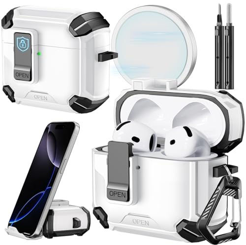 Inesore for AirPods 4 Hülle (2024) with Phone Stand Design, Compatible with MagSafe, Auto-Locking Case Cover for Air Pods 4 with Cleaning Kit & Keychain, White