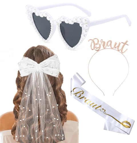 JoyChoi JGA Accessoires Frauen 4-teilig – Bride to Be Schärpe, Herz Sonnenbrille, Schleier & Braut Haarschmuck Haarreif – JGA Deko Set für Junggesellenabschied Frauen & Bachelorette Party