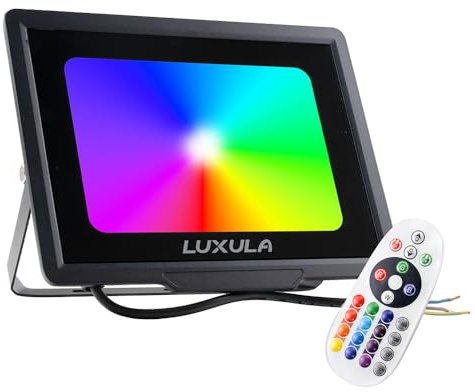 LUXULA RGB LED Strahler Fluter Außen 100W dimmbar, IP65 | dimmbar mit Fernbedienung, IP65 Außenleuchte, bunt, Flutlichtstrahler für Garten, Party und Outdoor, Farbwechsel