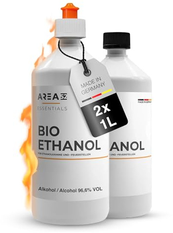 Area52 Bioethanol, 2x1L Reiner Ethylalkohol mit 96,6% Reinheitsgrad | Ethanol für Ethanolkamine, Tischkamine & Feuerstellen, geruchlos & rußfrei