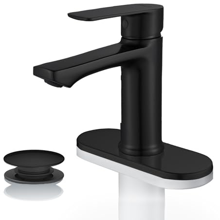 BELZ Black Bathroom Sink Faucet Single Handle Bath Vanity Sink Faucets One Hole with Pop Up Drain and Deck Plate for 1 or 3 Holes Modern Washroom Faucet Matte Black