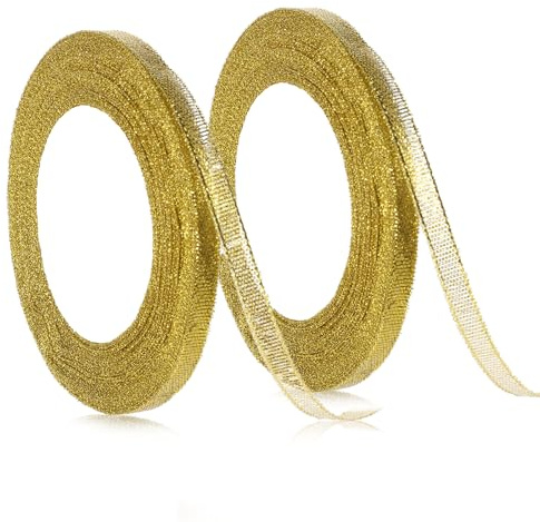 2PCS Gold Ribbon, Gold Glitter Ribbon for Gift Wrapping Wedding Bouquet Crafts Double Faced Satin Fabric Ribbons for Christmas Birthday Party Decoration DIY Crafts Bouquet