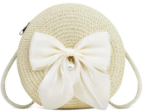 Feelorna Strohtasche für Damen, elegante runde Sommer-Strandtasche mit Perlenschleife, Boho-Stil, kleine Stroh-Umhängetasche für Reisen, Urlaub, täglichen Gebrauch, beige, 16 *17 *9 cm/6.3 * 6.7 *3.5