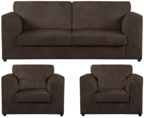 Brown Jumbo Settees - Cord Fabric Three Seaters Sofa Set - Modular 3 Seater and Arm Chair - Stylish High Back Dual Couch - 3 Piece Sofa Suite Living Room Lounge Indoors