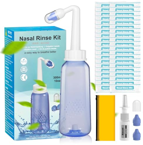 Set di Sciacqui Nasali, Set di Lavaggi Nasali da 300 ml con 40 Bustine di Sale per Sciacqui Nasali, Flacone Spray e Sacchetto per la Conservazione, Strumento di Pulizia Nasale per Adulti e Bambini