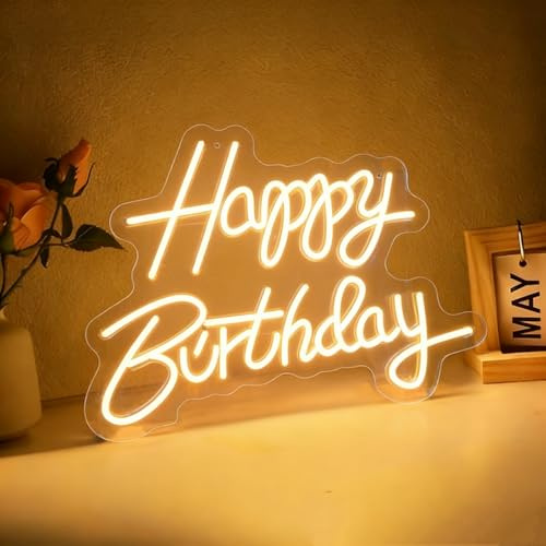 Happy Birthday Neon Schild, LED Warmweiß Geburtstag Neon Sign für Wand Deko, Dimmbare Brief Leuchtreklame USB Power für Geburtstag Party Bar Club Pub Männ Höhle Home