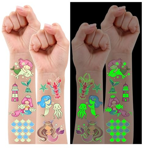 Leesgel Meerjungfrau Tattoos Kinder, 10 Blatt Leucht Party Geschenk Mädchen | Hautfreundlich Wasserfest, im Dunkeln leuchtend, Meerjungfrau Designs, Kindergeburtstag Mitgebsel, Pool Party Deko