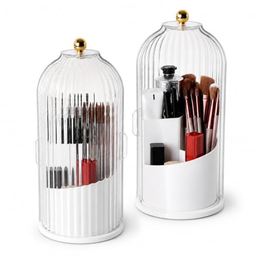 FAVORTALK Makeup Brush Holder with Lid 360 Rotating Makeup Brush Holder Organizer Dustproof Brushes Container for Vanity Cosmetics Cosmetic Display Cases (White)