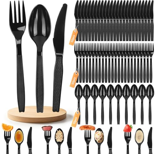 AUAUY 110 stycken återanvändbara bestick-set, 50 gafflar, 50 bordsknivar, 10 skedar, tvättbara hållbara miljövänliga festbestick för familjefester, utomhusmiddagar, fester, svart