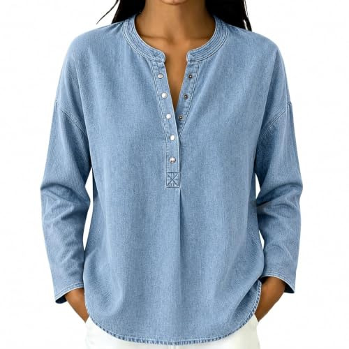 Dam Henley denim topp ledig lös denim skjorta droppe axel jean blus | Button-down kraglösa Jean-toppar, Chambray-blusar, avslappnad tunika för höst