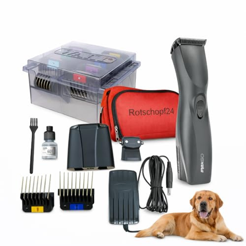 Rotschopf24 MAX GO Hundeschermaschine. Akku. 8 Metallaufsteckkämme + Tasche | Kabellose Profi Tierschermaschine, leise, leicht + stark. Akkulaufzeit: bis zu 180 Min. Li-Ionen Akku. Für Wahl Liebhaber