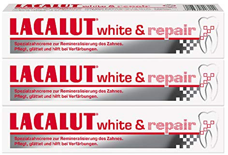 LACALUT WHITE & REPAIR ZAHNCREME, 75ml Zahnpasta zum Aufhellen der Zähne, Straffung und Festigung des Zahnfleischs, Zahncreme für weiße Zähne, 3 x 75ml