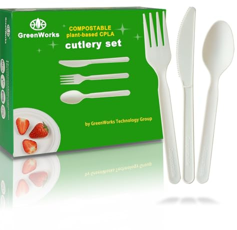 GreenWorks 150 Count 7 Heavy-duty Compostable Utensils,50 Forks 50 Spoons 50 Knives Cutlery Set,BPI Certified Large Disposable Flatware Set