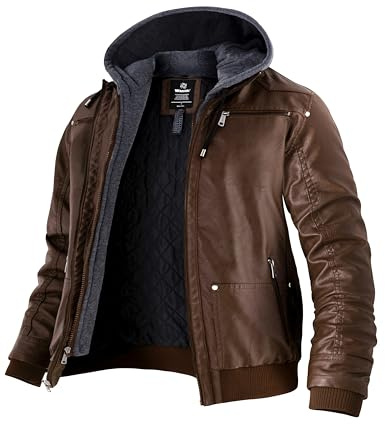 Wantdo Giacca Invernale in Pelle Giacca Pelle Cappuccio Removibile Cappotto Invernale Giacca Mezza Stagione Spesso-Marrone XXL