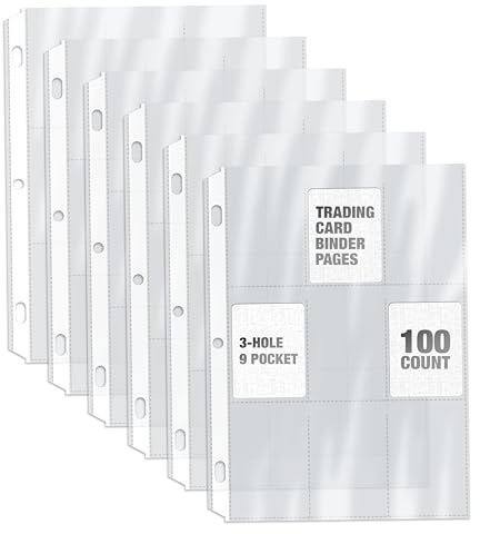 100/Box Clear Heavyweight Trading Card Sleeve Pages, 9 Pockets Per Sheet, Single Sided, 900 Pockets, 3 Ring Binder Sheets, by Gold Seal, 100 Count