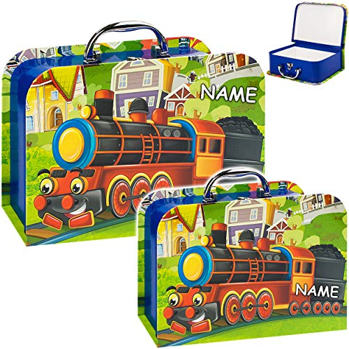 alles-meine.de GmbH 2 Stück Koffer/Kinderkoffer - in 2 verschiedenen GRÖßen - lustige Dampflok/Eisenbahn - incl. Name - Kofferset - Kofferset - ideal für Spielzeug und als ..