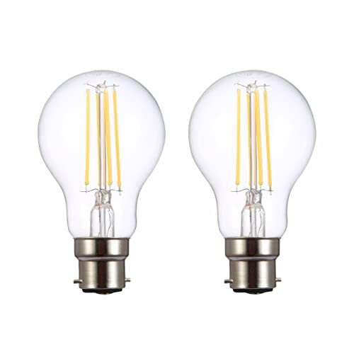TEKLED Dimmable LED Filament Bulb B22 Bayonet A60 GLS 6.5W (70W Equivalent), 806LM Warm White 2700K Clear Glass Energy Saving Light - 2 Pack