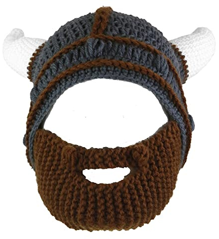 YEKEYI Handgefertigter Strickhelm und abnehmbarer Barbar-Ritter-Strickmütze, Wikingerhörner, Beanie, lustige Mütze