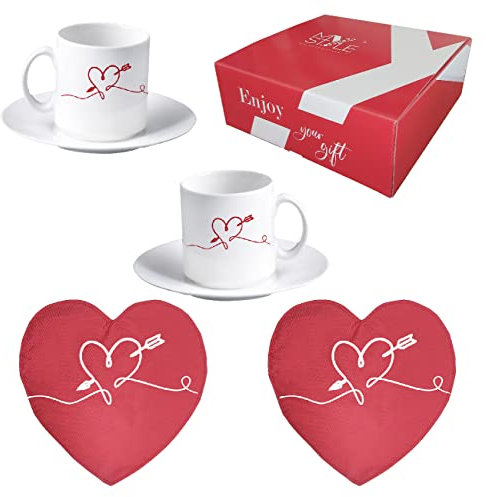 My Custom Style 2 tazzine The con piattino #Amore-Cuore# +2 tovagliette antimacchia, in Confezione Regalo.