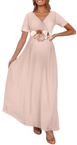 Kim S Umstands-Maxikleid mit Blumenschärpe, gewickelter/gerüschter V-Ausschnitt für Fotoshootings, Babypartys, Größe S–3XL, Groß