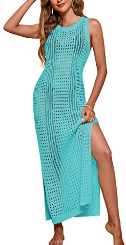 Orvila Las mujeres cubren Ups Crochet trajes de baño sin mangas Maxi vestido Bikini hueco de rejilla cubierta playa trajes de baño, Azul claro, Medium