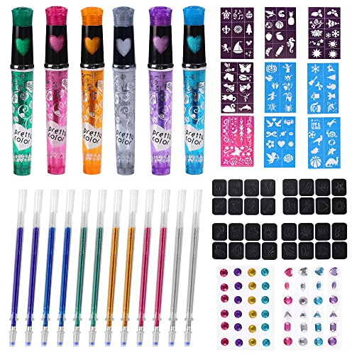 DAOUZL Tattoo Stifte Kinder, 6 Stück Glitzer Tattoo Gelstifte Set Kinder | 118 Tattoo Henna Schablonen, 12 Ersatzminen, 48 Gesicht Edelstein, Geschenk für Jungen Mädchen Halloween Party