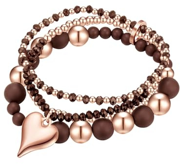Lulu & Jane Damen Armband Metall-Legierung roségold | Roségold-Optik, Bettelarmband, Glas, braun, Herz, flexibel, ohne Verschluss, 4-reihig