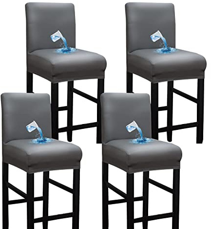 Bestenrose Wasserdicht Stuhlhussen 4er Set BarStuhlhussen PU Leder Stuhlbezug Barhocker Bezüge Stretch Hochhocker stuhlbezüge Stuhlbezug für Esszimmerstuh (Grau, 4 Stück)
