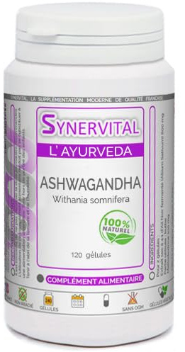 Ashwagandha Synervital 120 gélules dosées à 300 mg - Complément alimentaire - Stress, fatigue, insomnie, amélioration des performances - Fabriqué en France