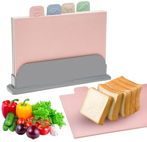 Schneidebrett Set 4pcs Küche Schneidebrett mit Aufbewahrungsständer und Lebensmittel Icon rutschfeste extra dicke Schneidebretter für Küche Kochen Fleisch Gemüse Babynahrung