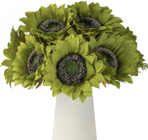 DuHouse 12pcs künstliche Sonnenblumen mit Langen Stielen, 12cm Seide Sonnenblumen Bulk für Hochzeit Haus Garten im Freien Party-Dekoration (Grün)