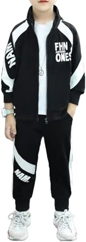 TTAO Jungen Casual Trainingsanzug Kinder Sportanzug 2-teiliges Outfit Langarm Hoodies Kapuzenpullover Kapuzenjacke und Jogginghose Schwarz 146-152