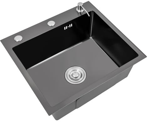 TRIEBAN Évier de cuisine noir en acier inoxydable - 1 bac - Lavabo de cuisine encastrable - Avec vidange et distributeur de savon - 45 x 50 cm