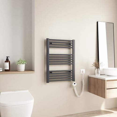 Heilmetz Scaldasalviette Elettrico Bagno 700x500mm Termoarredo Elettrico Bagno con Temperatura Regolabile, Termostato Intelligente, Radiatore Elettrico Basso Consumo da Parete Verticale, Antracite