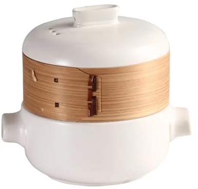 RSBFER Cazuela Japonesa, cazuela de cerámica, Olla de Barro, Olla para guisar al Vapor con Cesta vaporera, Antiadherente, Resistente al Calor,Blanco,1 L