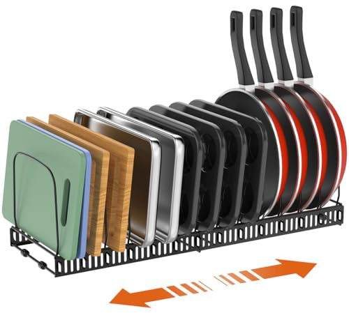 Housolution Baking Tray Storage Rack, Expandable Chopping Board Holder Rack with 14 Adjustable Dividers, Cutting Board Muffin Tin Cupcake Tray Organiser Rack, Black