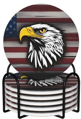 Runde Form, 6 Keramik-Untersetzer, US-Armee, coole amerikanische Flagge, Adler-Drucke: rutschfester Korkboden, passend für alle Kaffeetassen, Sportbecher und -becher