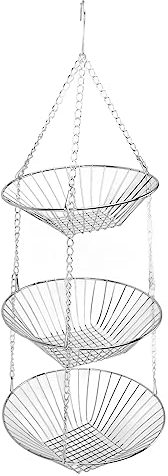 Panier de Fruits Suspendu de Cuisine à 3 Niveaux, Panier de Rangement Suspendu en Fil de Fer pour Fruits, Légumes et Fleurs avec Crochet de Suspension en Chaîne en Métal et