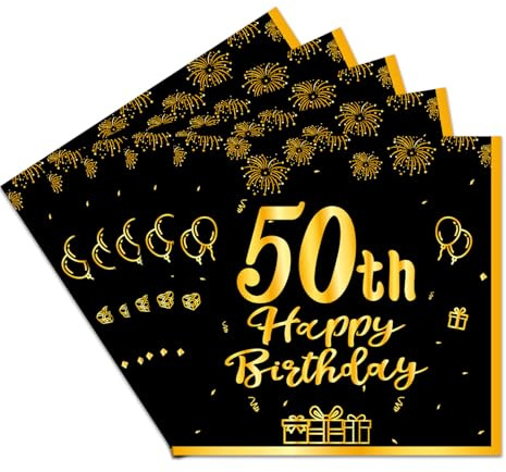 Yayafunfun Lot de 20 serviettes jetables en papier double épaisseur pour 50e anniversaire Noir 16,5 x 16,5 cm