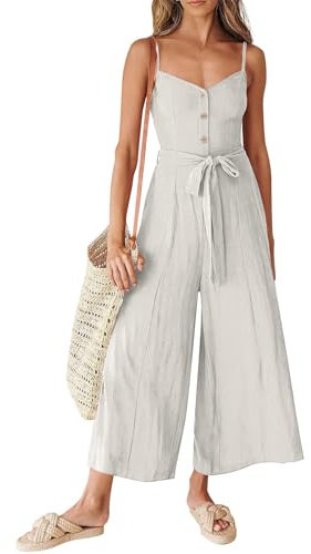 Jumpsuit Damen Sexy, Latzhose Damen Kurz Hosenanzug Damen Festlich Hochzeit Frauen Sommer Leinen V-Ausschnitt Ärmellose Flared Jumpsuit Mit Gürtel Onesie Kostüm Erwachsene Maleroverall(Weiß,XXL)