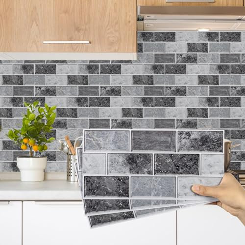 Decoroom Tile Stickers Black Grey 12pcs/15x30cm Peel and Stick Vinyl Brick Self Adhesive Wall Tiles Waterproof DIY Home Decor Stick on Kitchen Transfers Bathroom Backsplash